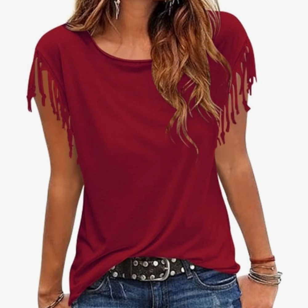 Cosonsen Women's Tassel Short Sleeve Round Neck T-Shirt Top Casual Summer Tee￼